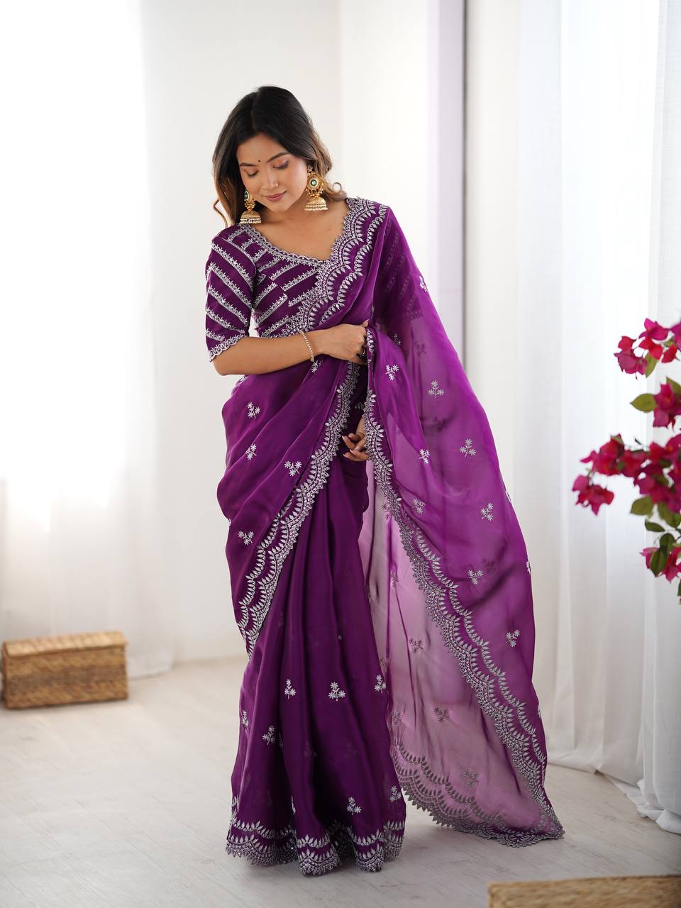 Women's Elegant Regal Purple Georgette Saree with Intricate Silver Thread & Sequin Embroidery – Complete with Embellished Blouse Piece for Festive & Party Wear - Image 26