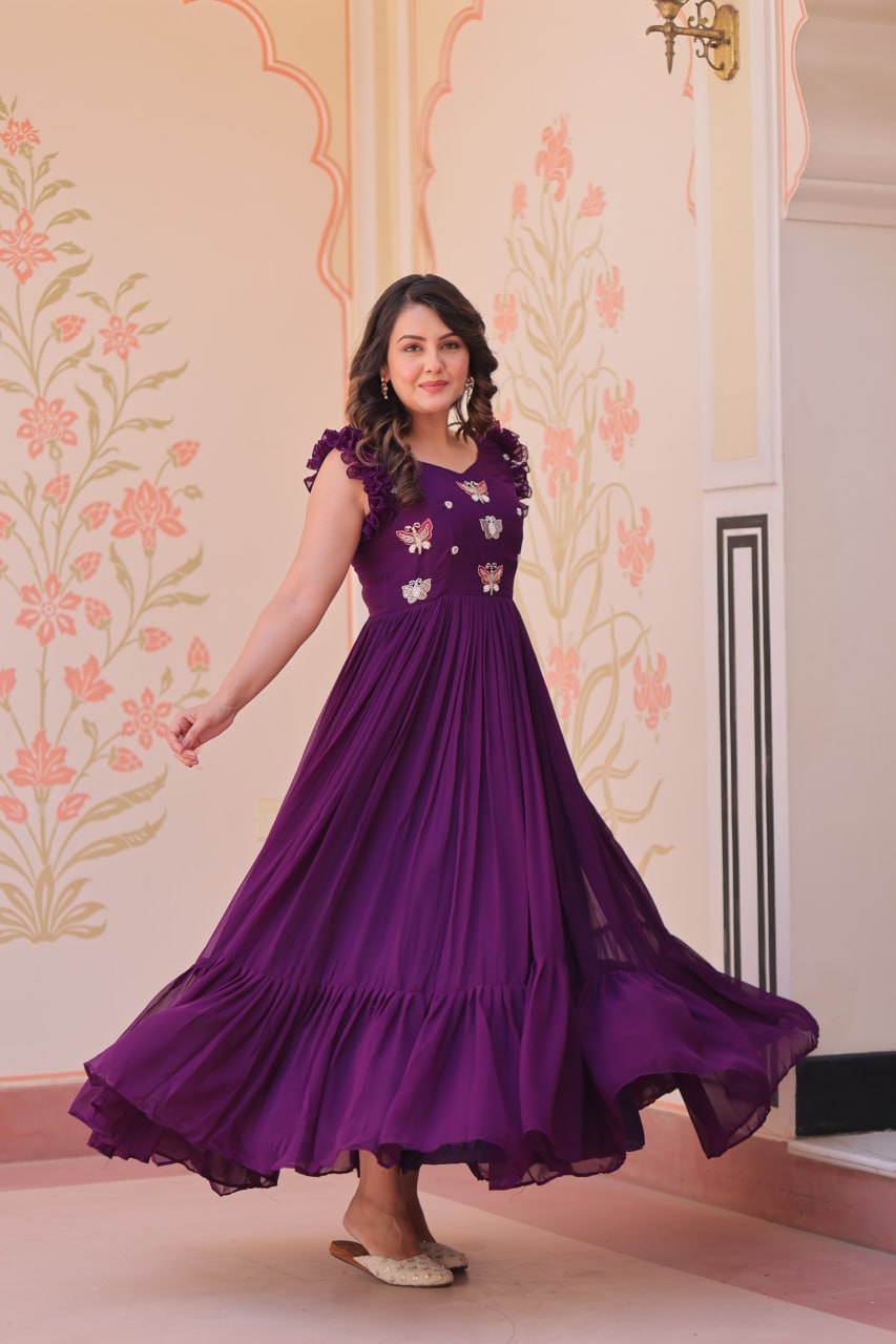 Women's Elegant Plum Purple Georgette Anarkali Gown with Butterfly Applique & Ruffle Sleeves – Festive & Special Occasion Wear - Image 16