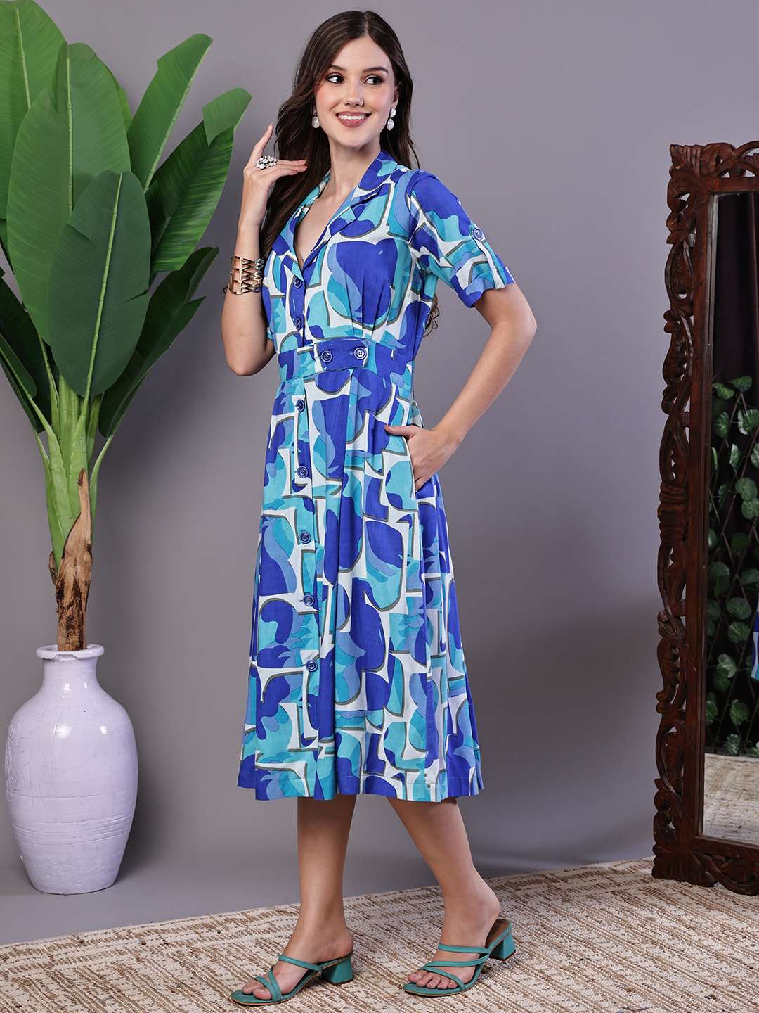 Women's Blue Abstract Print Cotton Shirt Dress - Image 4