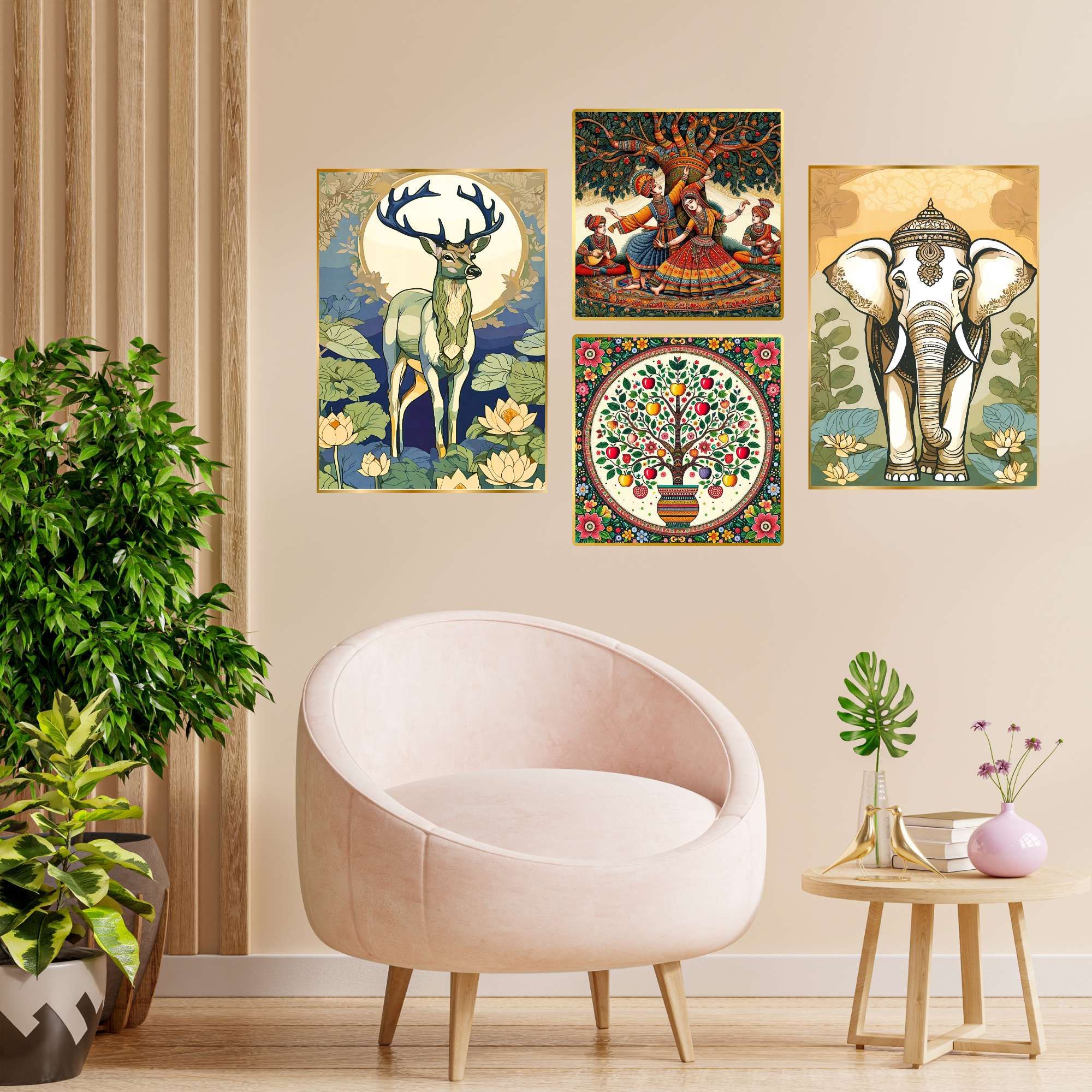 Set of Four Wall Paintings for Wall Dacoration Golden Framed Wall Paintings for Living Room & Bedroom Wall Art for Home Decoration & Office Wall Décor (13x10 inch CH-GD4-14)