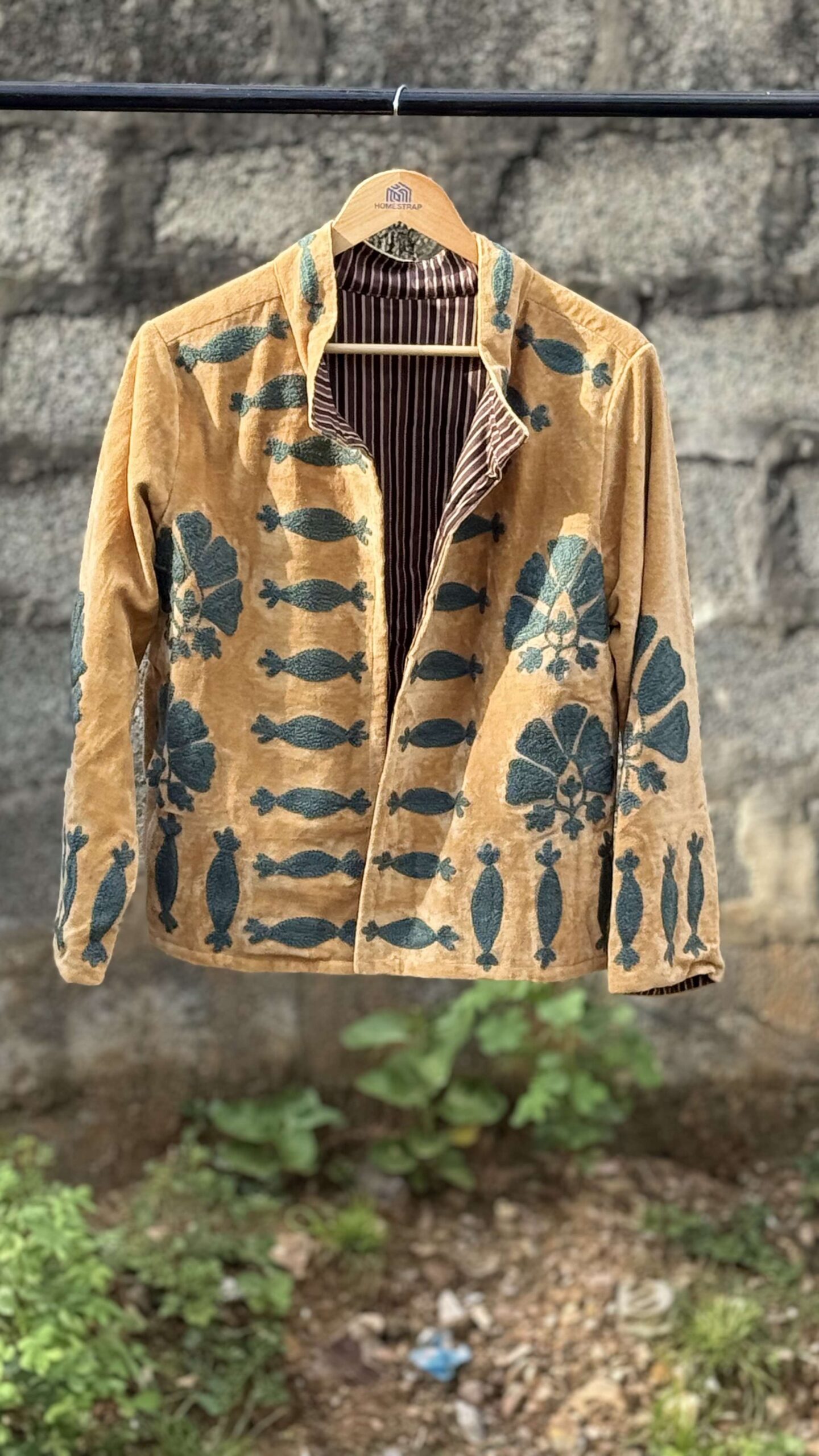 Womens Orange Velvet Embroidered Jacket with Floral Design - Image 2